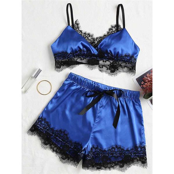 

bigsweety nightwear women spaghetti strap + shorts suit satin lace sleepwear summer female silk pajamas sets homewear, Blue;gray