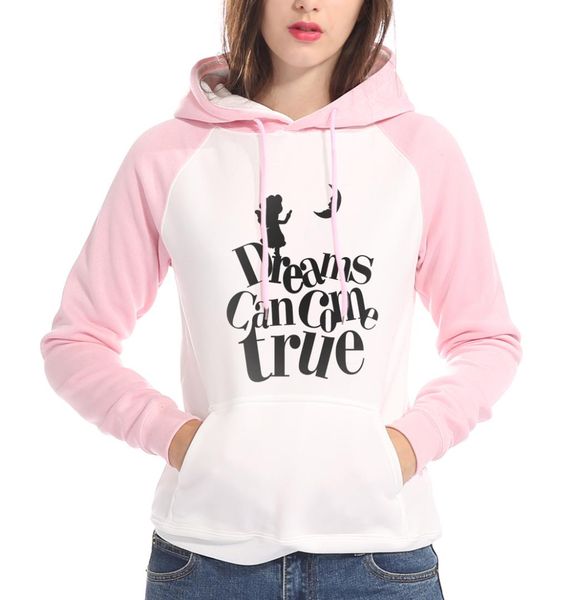 

women raglan long sleeve fleece hoodies dream can come ture hip hop sweatshirt female fashion brand tracksuits pullovers 2019, Black