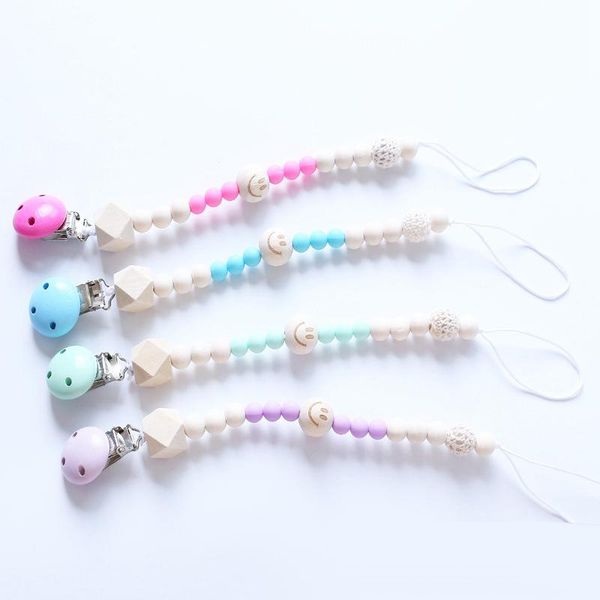 

silicone and wood pacifier clip wooden bead dummy clip holder cute pacifier clips soother chains baby teething toy for baby chew