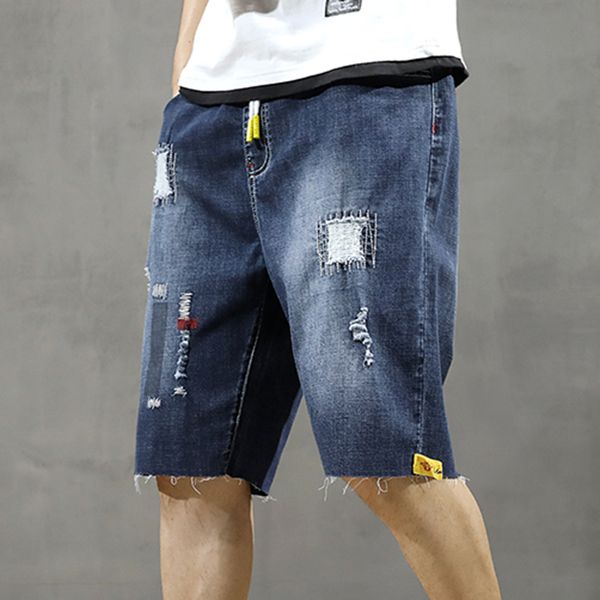 

summer retro patch denim shorts jeans men's casual elastic waist short jeans oversized s-7xl loose shorts stretch pants men, Blue