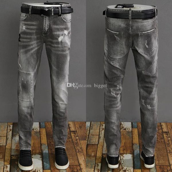 

fierce damage jeans man fashion distressed patches skinny fit gray vintage biker fit denim jeans men, Blue