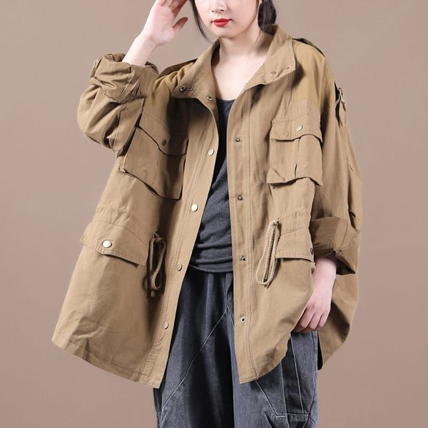 

autumn outerwear new style korean loose large size multi-pocket drawstring waist tooling windbreaker jacket women coat k1125, Tan;black