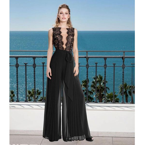 

2020 elegant black evening dresses illusion lace chiffon mother of the bride jumpsuits custom made formal occasion gowns, Black;red