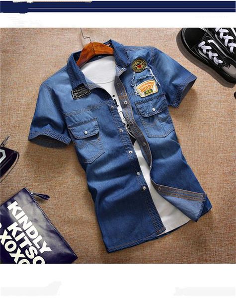

printed lapel neck short sleeve button tshirts skinny slim summer mens tees washed blue mens designer denim tshirts with pocket letter, White;black