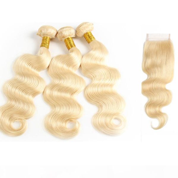

virgin blonde body wave bundles with lace closure brazilian human hair weaves straight european mink virgin hair extensions, Black