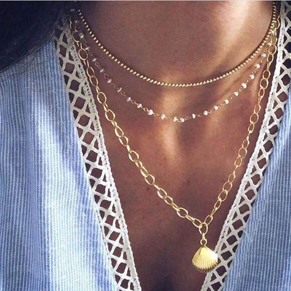 

simple gold color sequin coin cowrie shell pendant necklace for women imitation pearl choker necklace statement bead collier, Golden;silver