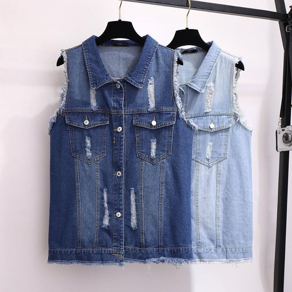 

2xl-6xl plus size loose denim vest for women vintage hole pocket sleeveless jeans jacket female coat summer jeans waistcoat y349, Black;white