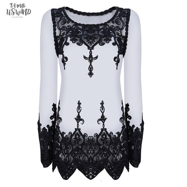 

mesh full perspective long sleeve embroidered t shirt summer beach lace blusas cover up fishnet party white t shirt