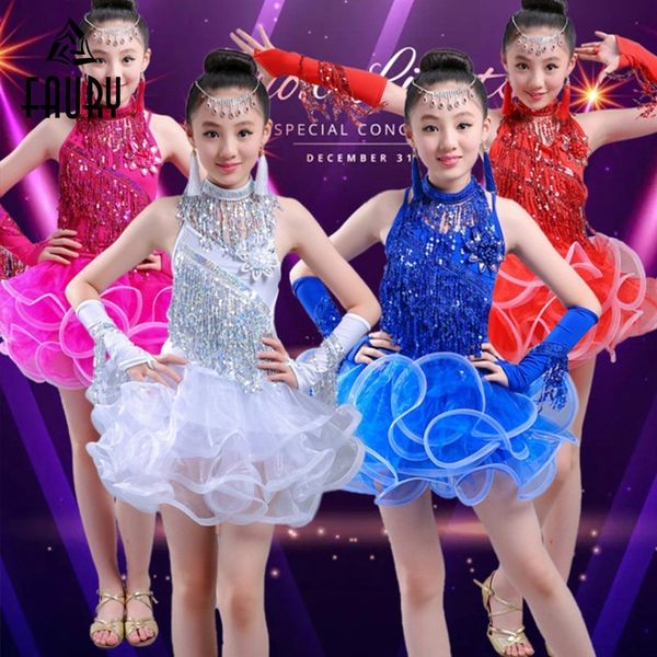 

children kids latin dance tassels latin performance competition stage dance dress girls costume bling sequins flamengo, Black;red