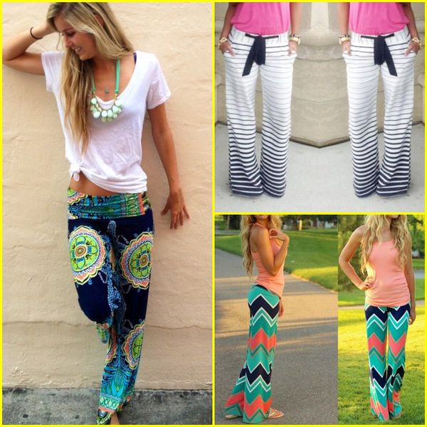 

новые женщины boho этнические штаны bohemian цветочные печати wid leg свободные брюки полосатые брюки волны днищ, Black;white