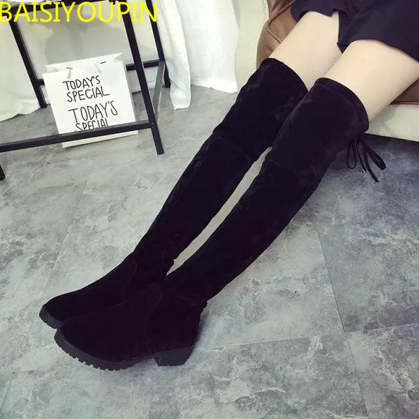 

2018new chilli with the same round head low heel boots elastic boots super thin women's womens; shoes, Black