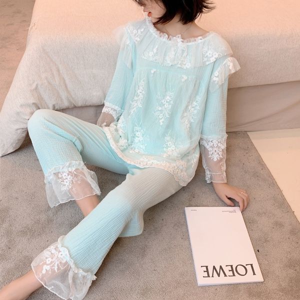 

autumn new lovely sweet embroidery lace princess cotton women pajama set, Black;red