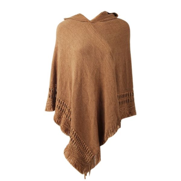 

women cloak sweaters hooded poncho with hood cape coat knit batwing tassel pullover sweater loose solid color outwears, Black