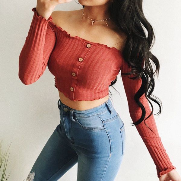 

женская одежда женская дизайнерская tshirts новых женщин sexy ladies frill бардо плеча перемычка ребристый с длинным рукавом crop tops drop, White