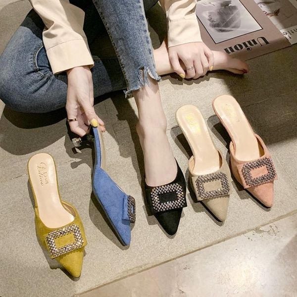 

rhinestone crystal women high heel slippers slip on mules brand designers 2019 fashion pointed toe luxury slides slip on loafers, Black