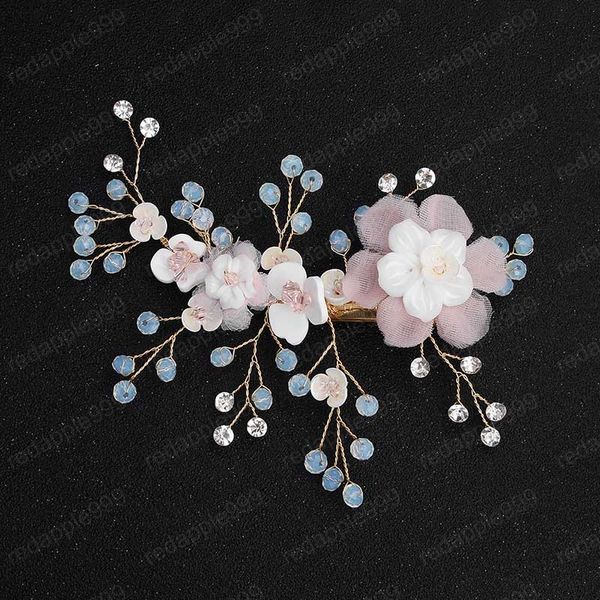 Fermaglio per capelli dolce da donna, gioielli fatti a mano, fiore di stoffa rosa, cristallo blu lucido, accessori per capelli da sposa