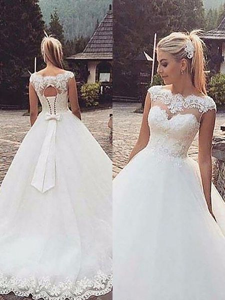 

2019 lace ball gown wedding dresses bateau cap sleeve bow applique beaded tulle bridal gowns wedding dress party dress plus size, White