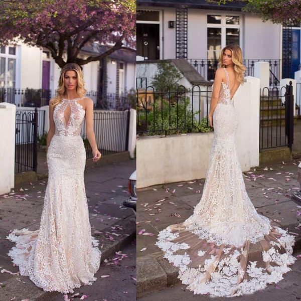 

Romantic Full Lace Mermaid Wedding Dresses 2019 Champagne Underlay Appliques Sexy Low Backless Keyhole Neck Long Country Bridal Gowns