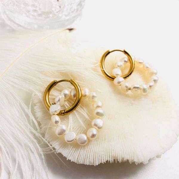 

double circle genuine freshwater pearl hoop earrings layering small pearl earring hoops dainty boho earrings for women, Golden;silver