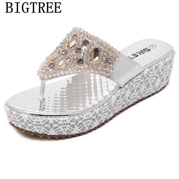 

fashion rhinestone slides flip flops women wedge slippers ladies slippers zapatos de mujer con plataforma klapki damskie na lato, Black