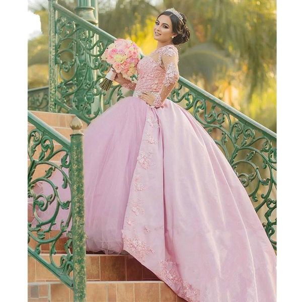 Pink Ball Gown Prom Quinceanera Dresses Mexico 2020 Pearls