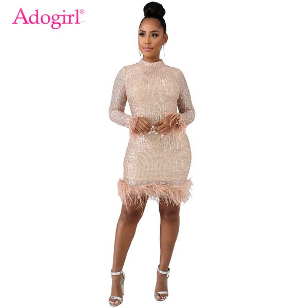 Adogirl 2019 New Feather Sequins Dress Neck Neck Manica Lunga BodyCon Mini Night Club Party Abiti Donne Sexy Vestidos Abiti