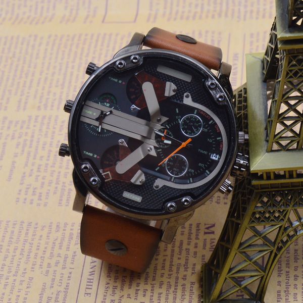 

extravagant brand male quartz wrist watch dz style multi-function multi time zone run second sports watch brown strap large dial, Slivery;brown
