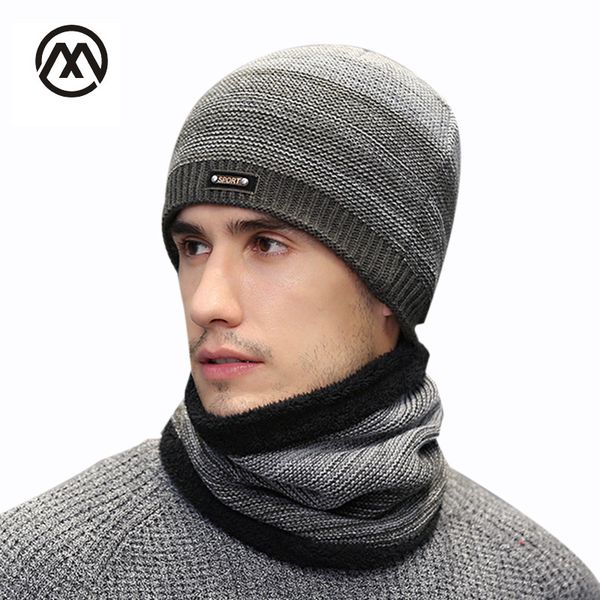 

new autumn and winter men's knitted cotton caps bib two-piece solid striped fashion hats warm mask velvet male slouchy beanie