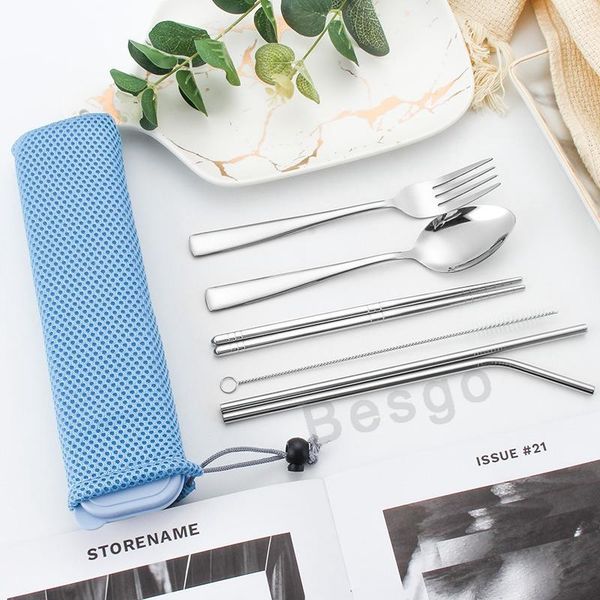 

6pcs stainless steel tableware kits outdoor travel portable cutlery sets with straws chopsticks fork scoop flatware dinnerware set bc bh2756