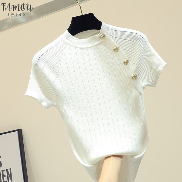 

thin knitted white t shirt button short sleeve tshirt women 2020 summer solid casual t shirt female tee shirt femme