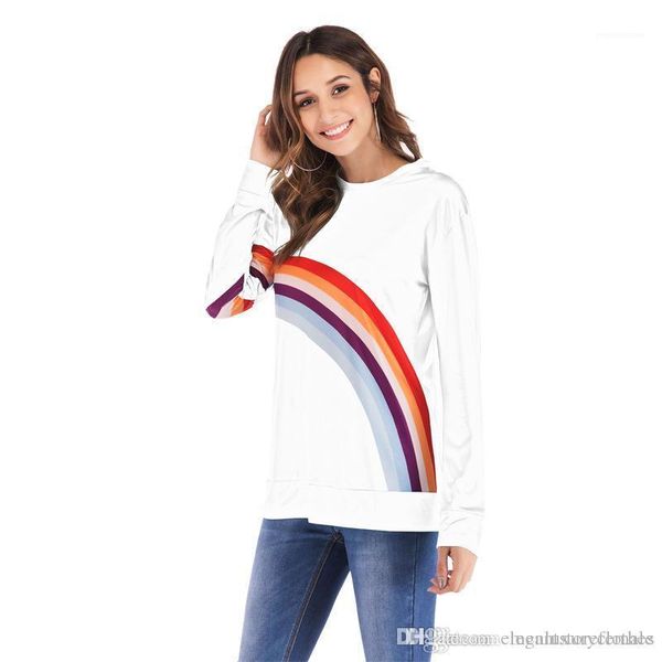 

tshirts long sleeved tees clothing women autumn bottoming rainbow printed casual o-neck, White