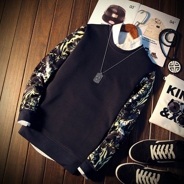 

spring autumn fashion brand men patchwork floral print long sleeve o-neck cool pullover hoodies mens sweatshirt tracksuit, Black