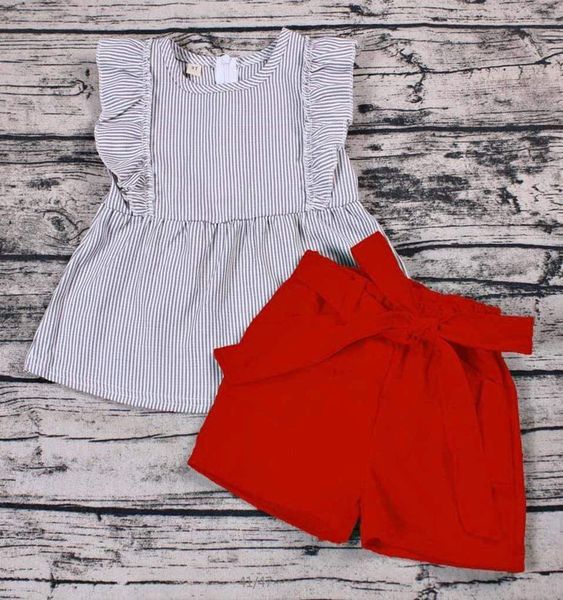 

summer cute kids set girls outfits with bows solid red shorts woven top, White