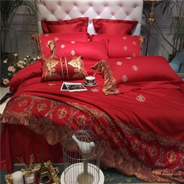 

600tc egyptian cotton lace red bedding set  king size duvet cover bed set bedsheets fitted sheet ropa de cama