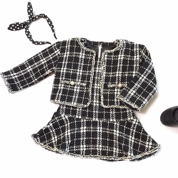 

girls clothing sets 2019 autumn and winter single-breasted o-neck jacket+black dress 2pcs children's clothes suits t200413, White