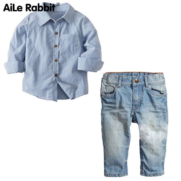 

aile and the model of cross-border children european and american boy stripe long sleeve shirt + denim pants suit or two, White
