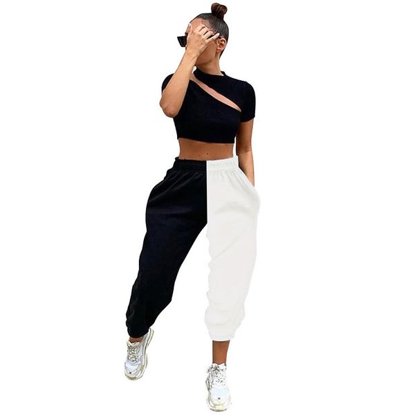 

terry sweatpants for women fashion white black contrast color jogger pants street style women sweatpants selling, Black;white