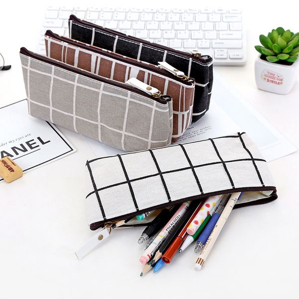 

multi-funciton canvas pencil case school pencil bag simple striped grid case office supplies pen bag students stationery