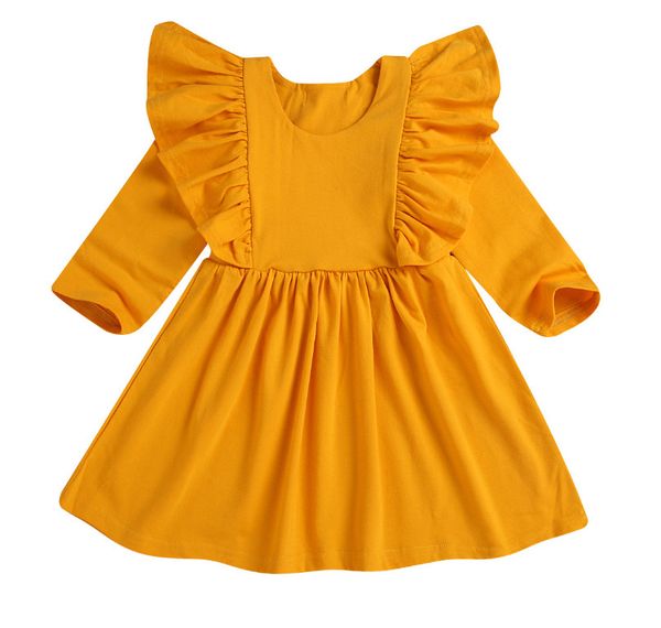 

fashion design kids girls dress new autumn long sleeve girls dresses pure color ruffle children girls clothes with princess dress, Red;yellow