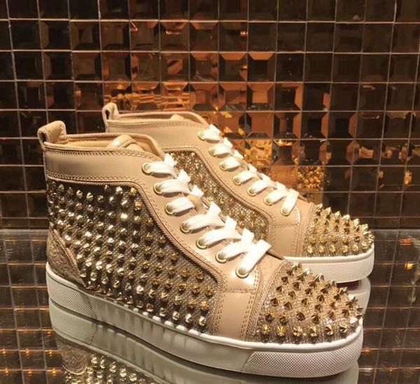 

с коробкой]мода пик пик шипы лакированная кожа высокий топ кроссовки обувь женщины мужчины красный боттон открытый зашнуровать обувь для ве, Black