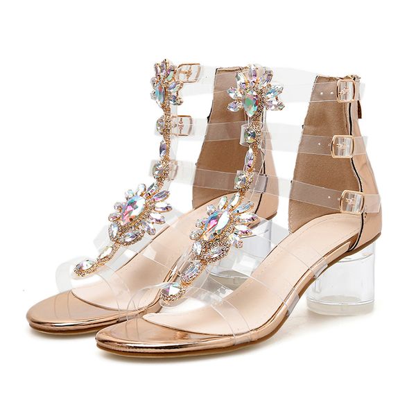 

fashion rhinestone sandals women 2018 bohemia roman style buckle strap crystal inlay beach shoes medium heel gladiator sandals, Black