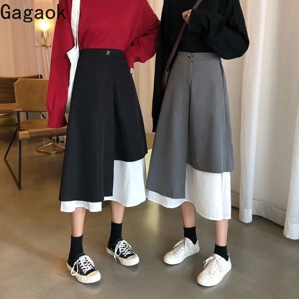 

gagaok уличная женская лоскутная юбка весна осень новая империя a-line длиной до колен свободные повседневные дикие женские модные юбки, Black