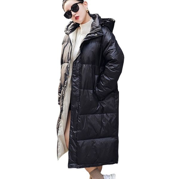 

winter solid color detachable cap basic down jacket female long section 2019 new loose white duck feather coat plus size hj134, Black