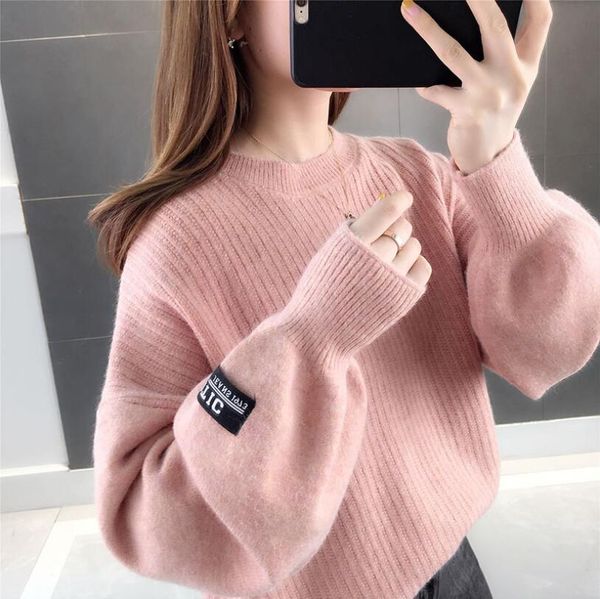 

womens casual o neck lantern sleeve sweater pullover female korean loose solid knitted jumper new winter oversized q9444, White;black