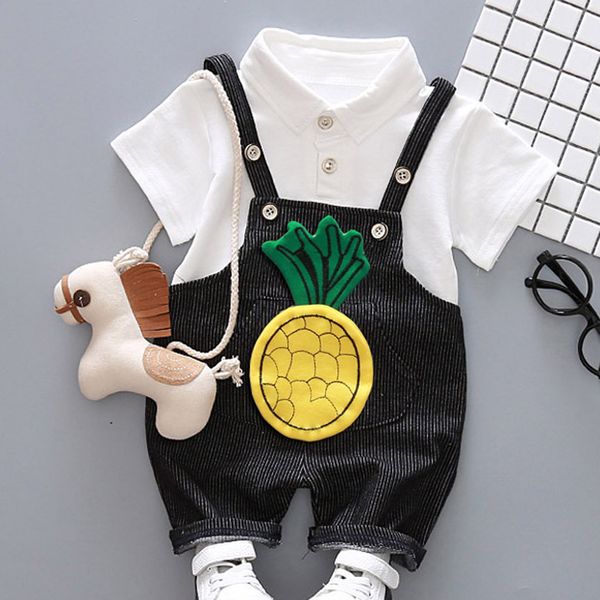

baby boy summer clothes cotton cartoon stripe lapel t-shirt straps short outfits set kids clothes children clothessummer, White