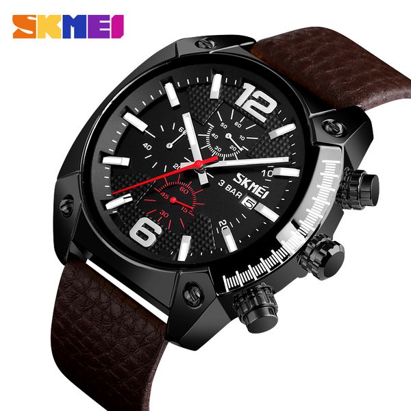 

2020 skmei leather wrist watch man clock casual sports quartz watches for men relogio masculino 9190, Slivery;brown