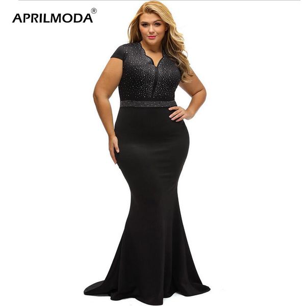 

long mermaid dress short sleeve bodycon vestidos slim fit black rhinestone front bodice v neckline plus size maxi dress, Black;pink