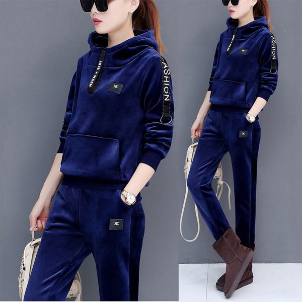 

women winter fleece tracksuit sportswear velvet hoodie sweatshirt+pant running jogger leisure casual workout set sport warm suit, Black;blue