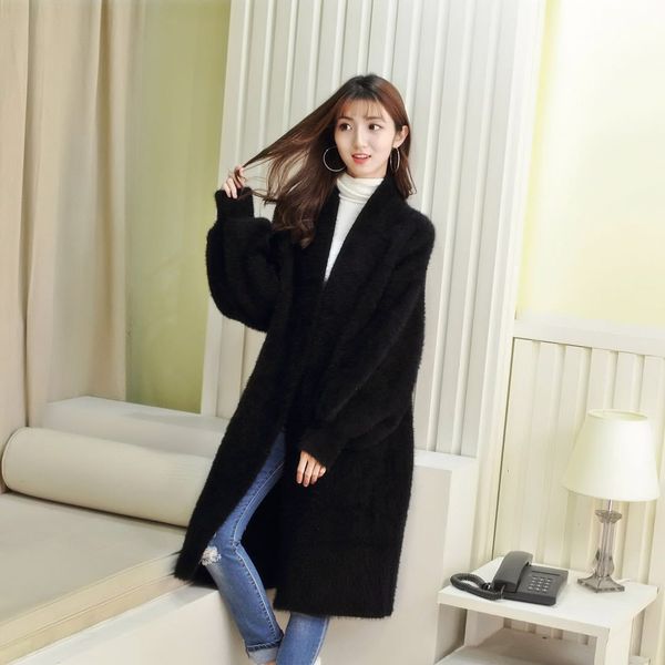 

synthetic mink cashmere sweater cardigan women korean winter coat batwing sleeve knitted long cardigan thick plus size sweaters, Black