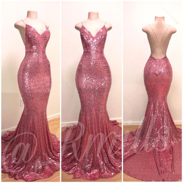 

2019 sparkly rose pink sequined prom dresses mermaid deep v-neck spaghetti straps criss cross plus size formal evening gowns pageant wear, Black